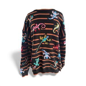 Christine Foley 90s Colorful Gecko Lizard  Sweater, Sz XL, Striped, Rare!